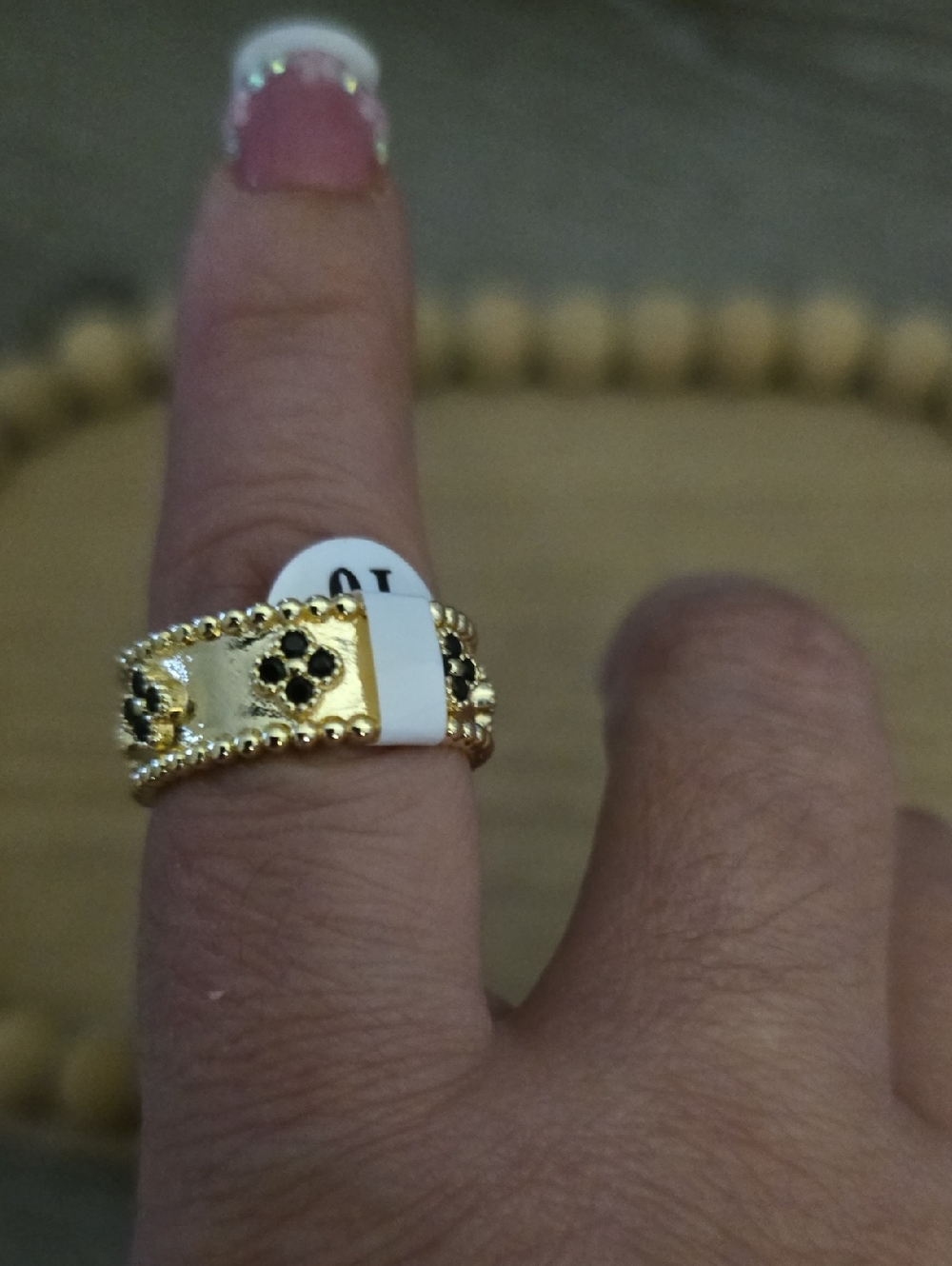 Gold Tone Floral Beaded Ring with Black Accent